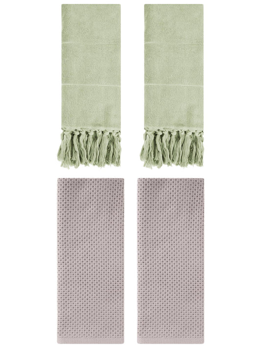 Unique Bargains 4 Pcs Cotton Hand Towels Green/Camel 14" x 30"/13" x 30"
