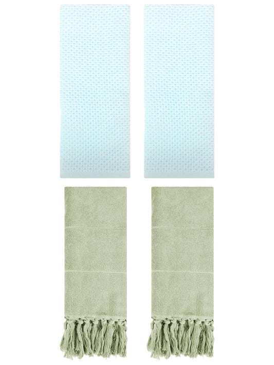 Unique Bargains 4 Pcs Cotton Hand Towels Green/Light Cyan 14" x 30"/13" x 30"