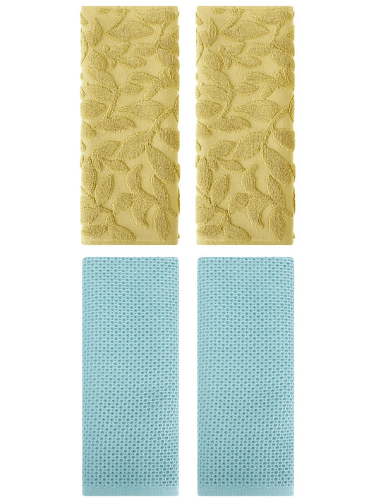 Unique Bargains 4 Pcs Cotton Hand Towels Light Blue/Yellow 13" x 30"/14" x 30"