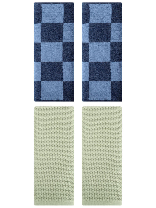 Unique Bargains 4 Pcs Cotton Hand Towels Light Green/Dark Blue 13" x 30"/14" x 28"