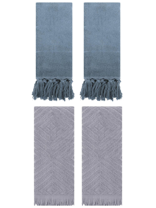 Unique Bargains 4 Pack Cotton Soft and Absorbent Bathroom Turkish Hand Towels with tassel Blue/Grey 14" x 30"/13" x 29"