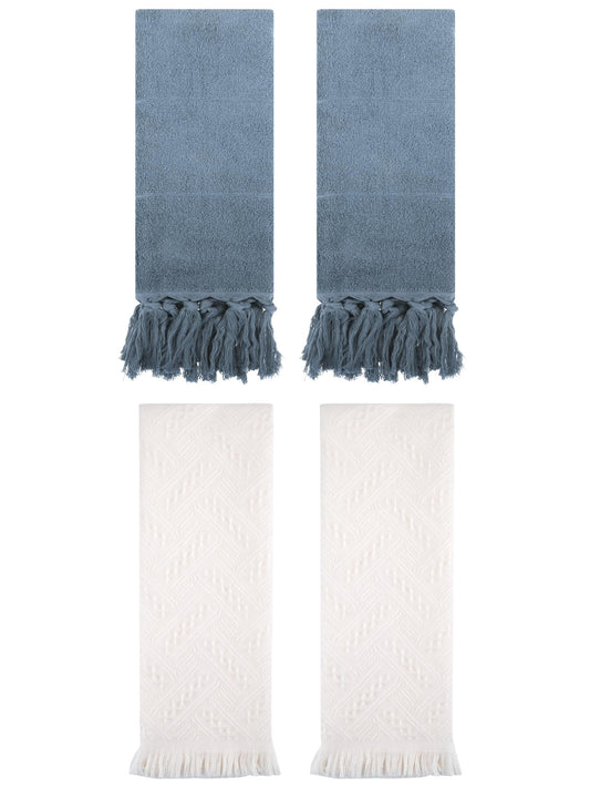 Unique Bargains 4 Pack Cotton Soft Absorbent Boho Turkish Decorative Hand Towels Blue/White 14" x 30"/13" x 29"