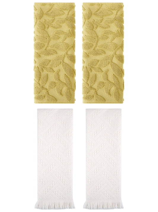 Unique Bargains 4 Pcs Cotton Soft Boho Hand Towel Set Yellow/White 14" x 30"/13" x 29"