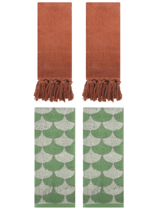 Unique Bargains 4 Pcs Cotton Solid Hand Towels Brown/Green 14" x 30"/13" x 29"