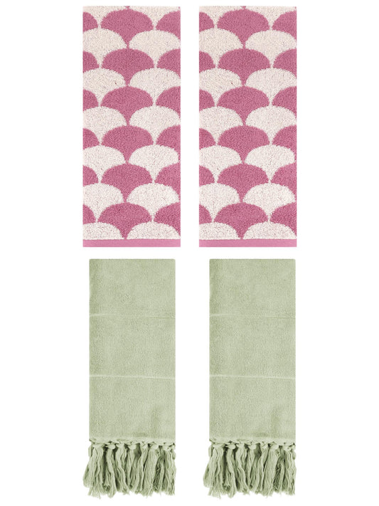 Unique Bargains 4 Pcs Cotton Solid Hand Towels Green/Pink 14" x 30"/13" x 29"