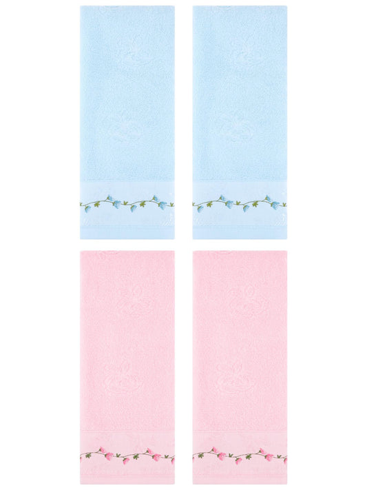 Unique Bargains 4 Pcs Floral Embroidered Soft Hand Towels 13" x 29" Pink/Blue