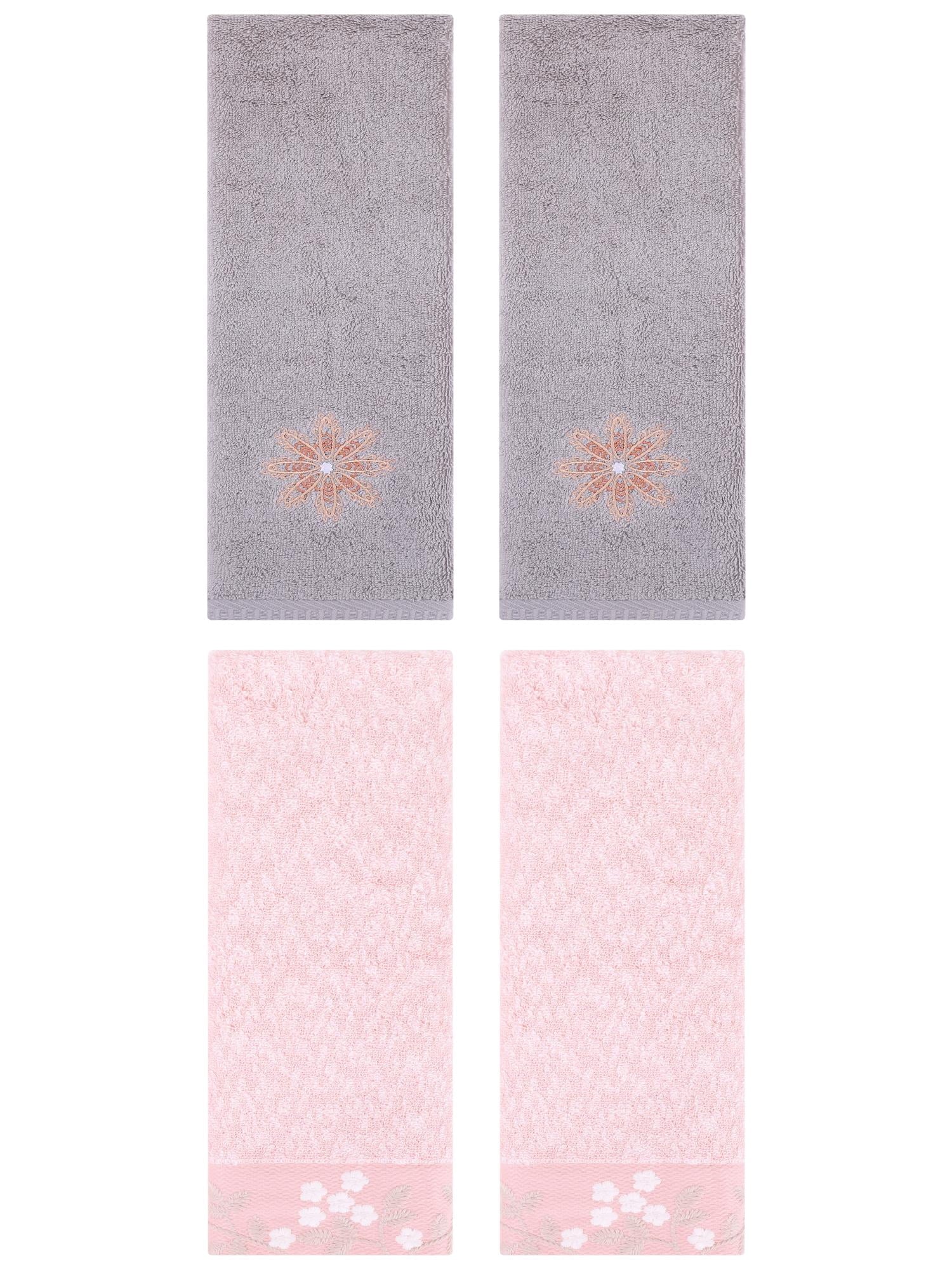 Unique Bargains 4 Pcs Floral Hand Towel Pink/Light Grey 14" x 28"/13" x 30"