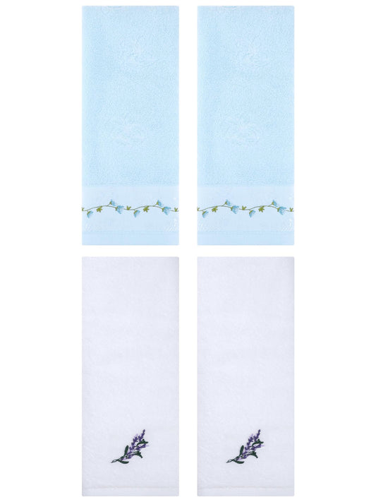 Unique Bargains 4 Pcs Floral Hand Towels for Bathroom 13" x 29" White/Blue