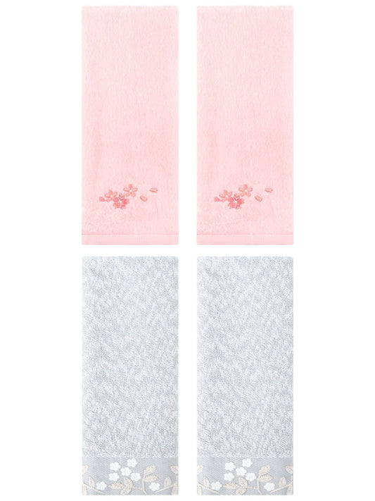 Unique Bargains 4 Pcs Floral Soft Hand Towel Grey/Pink 14" x 28"/13" x 29"