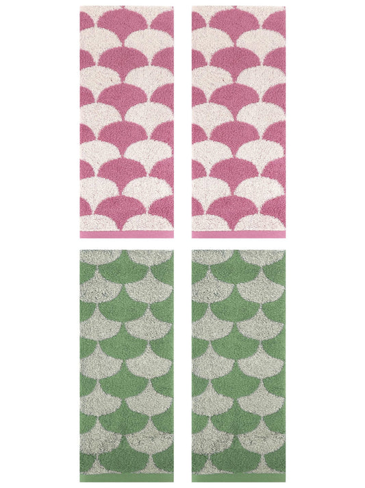Unique Bargains 4 Pcs Geometric Cotton Hand Towels Green/Pink 13" x 29"