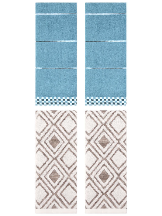 Unique Bargains 4 Pcs Geometric Soft Hand Towels Blue/Beige 14" x 30"/13" x 29"
