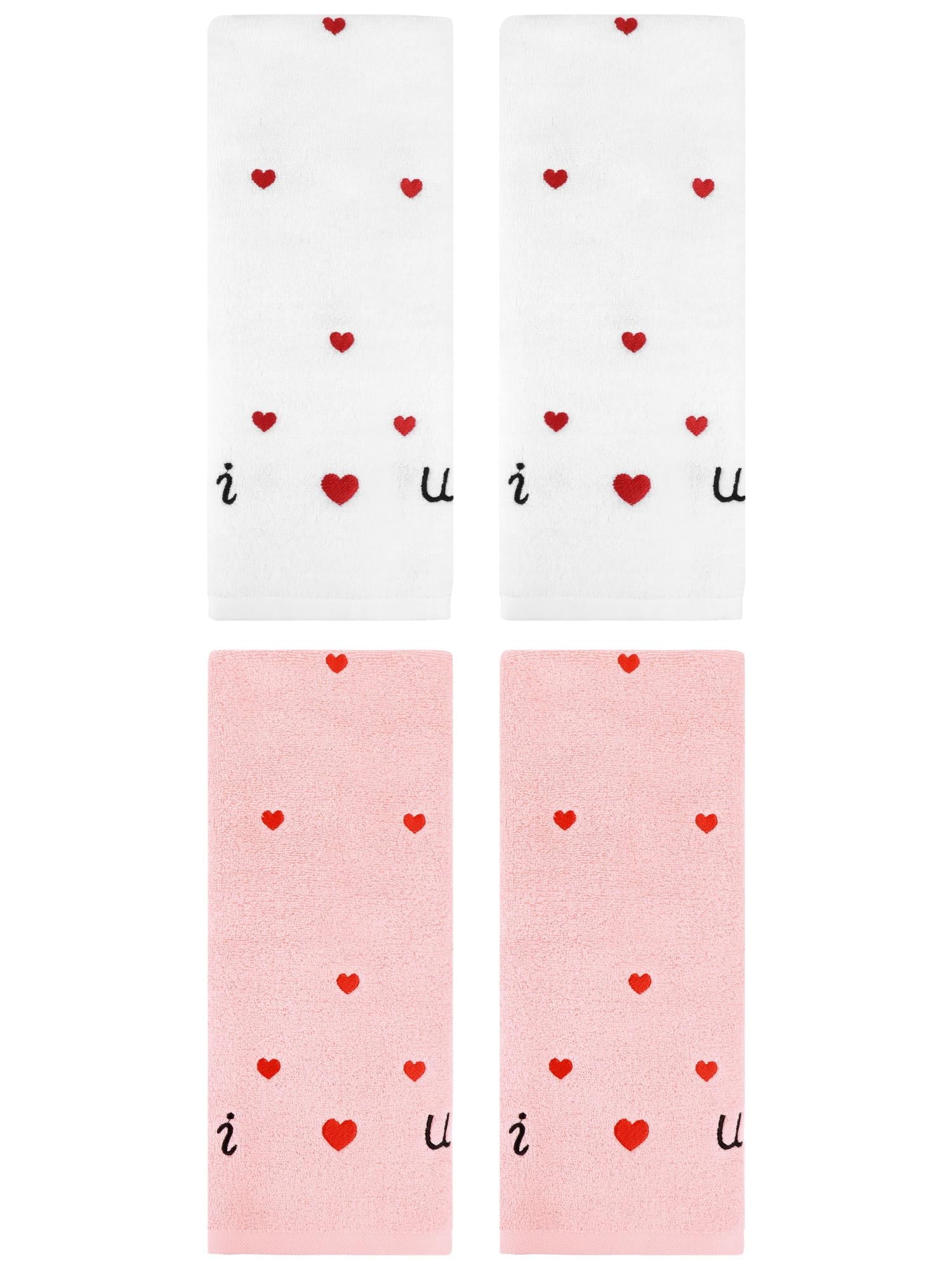 Unique Bargains 4 Pcs Letter Heart Pattern Hand Towels Pink/White 13" x 29"