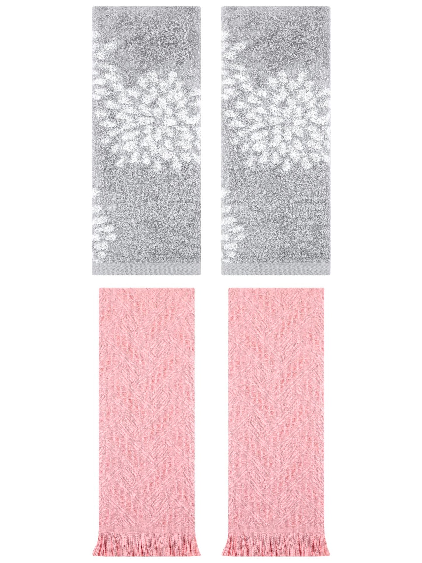 Unique Bargains 4 Pcs Pure Cotton Hand Towel, Kitchen Grey/Pink 14" x 30"/13" x 29"