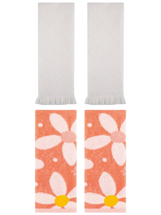 Unique Bargains 4 Pcs Pure Cotton Soft Hand Towel Set 13 x 29 Inch Orange/Beige