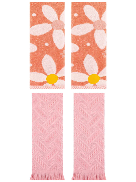 Unique Bargains 4 Pcs Pure Cotton Soft Hand Towel Set 13 x 29 Inch Orange/Pink