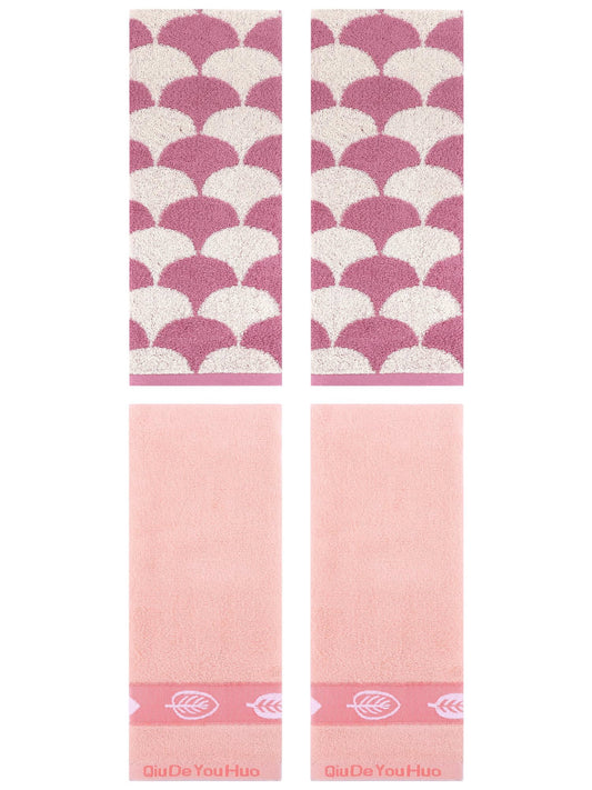 Unique Bargains 4 Pcs Soft Absorbent Geometric and Leaves Hand Towel Set 13" x 29" Pink