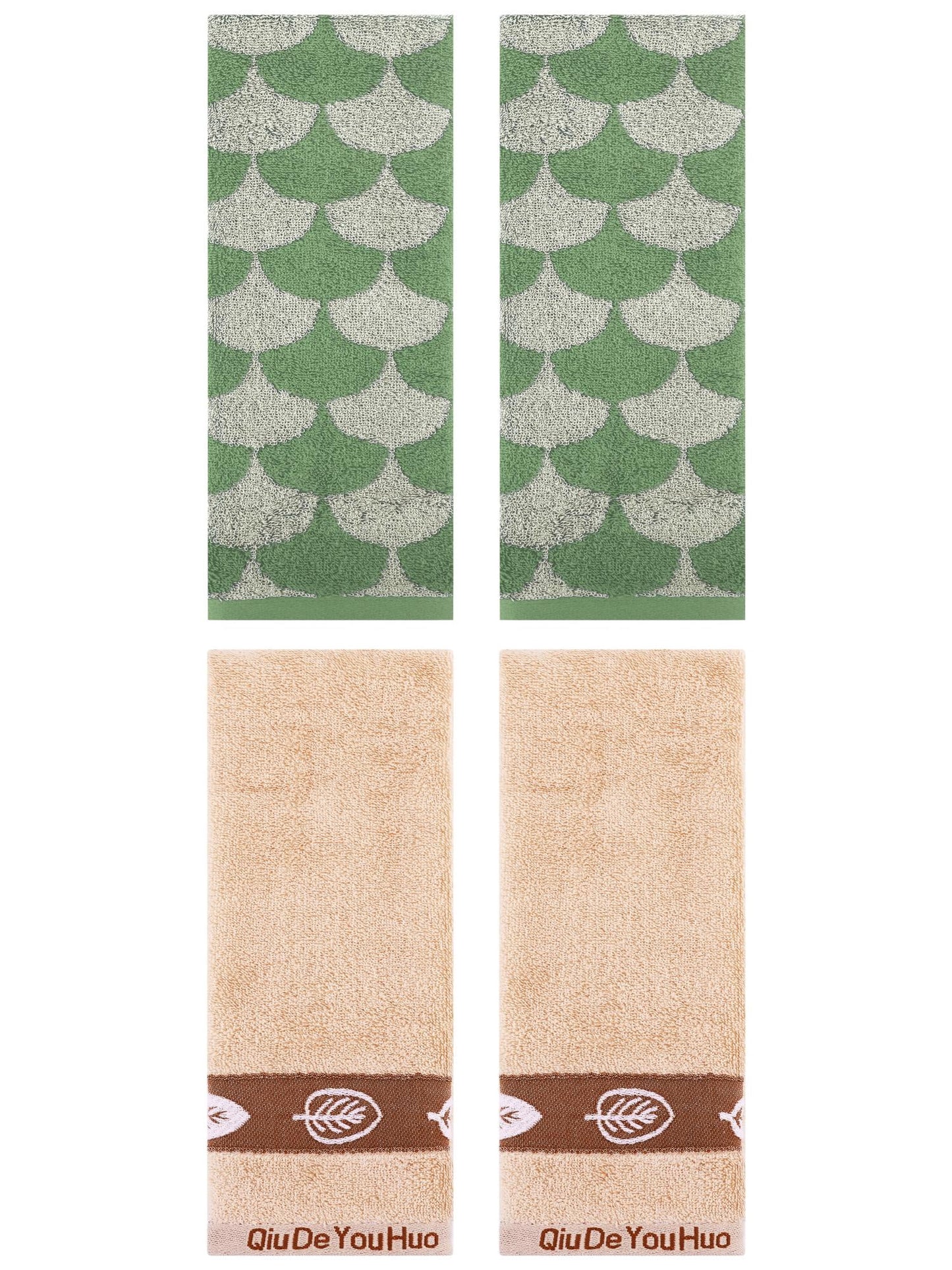 Unique Bargains 4 Pcs Soft Geometric and Leaves Hand Towel Set 13" x 29" Green/Brown