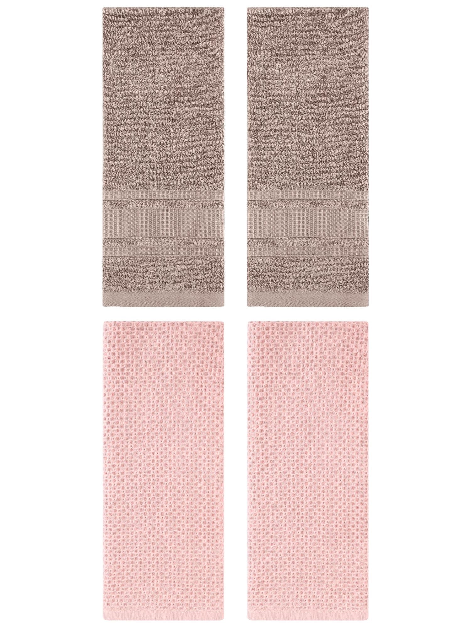 Unique Bargains 4 Pcs Soft Waffle Hand Towel Pink/Brown 13" x 30"/13" x 29"