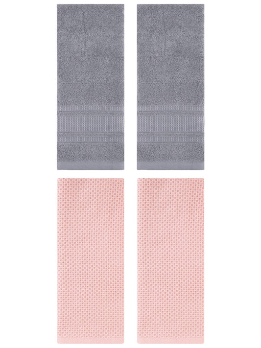 Unique Bargains 4 Pcs Soft Waffle Hand Towel Pink/Grey 13" x 30"/13" x 29"