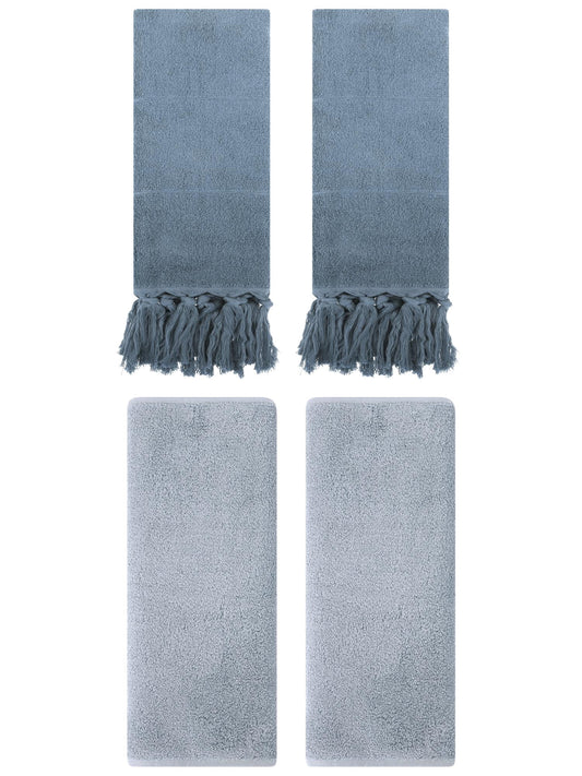 Unique Bargains 4 Pcs Solid Cotton Hand Towels Blue/Light Grey 14" x 30"/13" x 30"