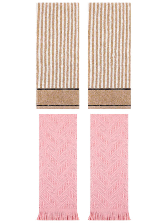 Unique Bargains 4 Pcs Striped Absorbent Cotton Hand Towels 13 x 29 Inch Brown/Pink