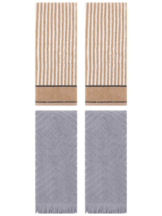 Unique Bargains 4 Pcs Striped Pattern Soft Hand Towels 13 x 29 Inch Brown/Grey
