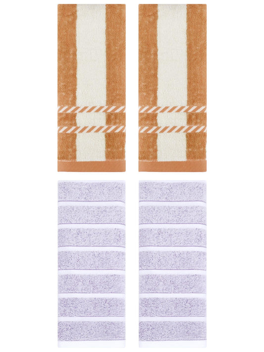 Unique Bargains 4 Pcs Striped Soft Hand Towel Set Light Purple/Yellow 13" x 29"/15" x 35"