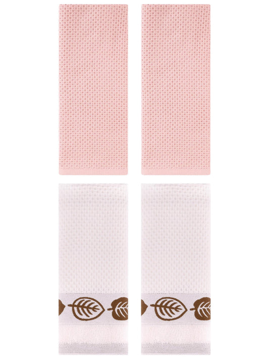 Unique Bargains 4 Pcs Waffle Cotton Hand Towel Pink/Beige 13" x 30"/13" x 29"