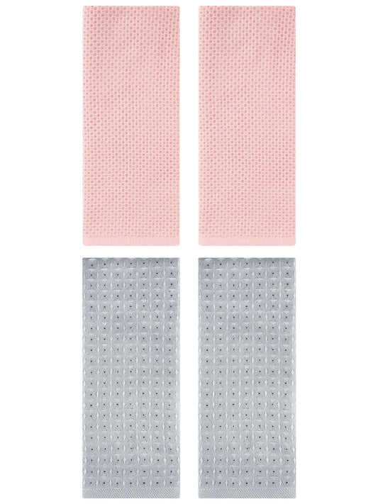 Unique Bargains 4 Pcs Waffle Soft Hand Towels Pink/Grey 13" x 30"/13" x 29"