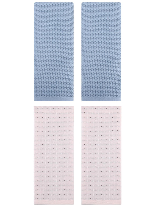Unique Bargains 4 Pcs Waffle Soft Hand Towels Steel Blue/Beige 13" x 30"/13" x 29"