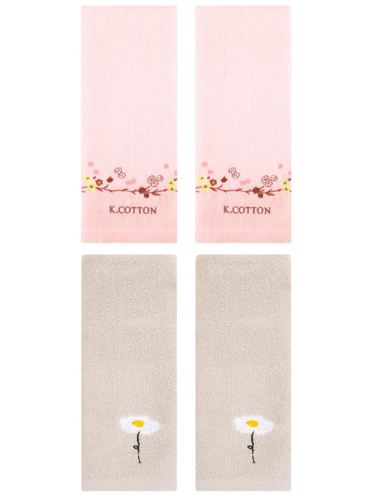 Unique Bargains 4Pcs Comfy Floral Hand Towel Set Brown/Pink 13" x 30"/13" x 29"