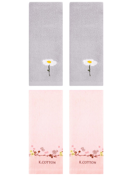 Unique Bargains 4Pcs Comfy Floral Hand Towel Set Grey/Pink 13" x 30"/13" x 29"