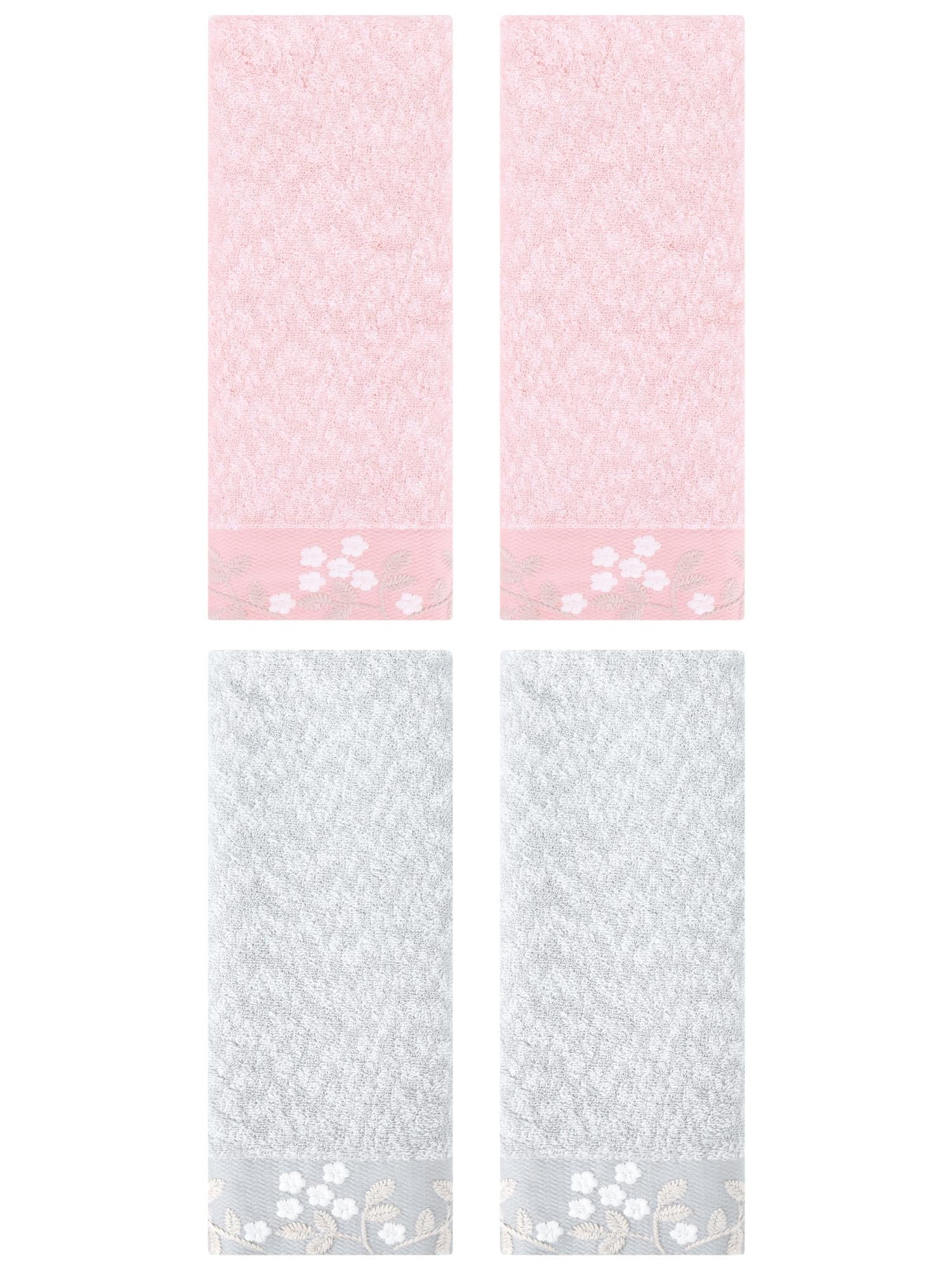 Unique Bargains 4pcs Floral Embroidered Hand Towels Set for Bath Kitchen Light Brown/Pink