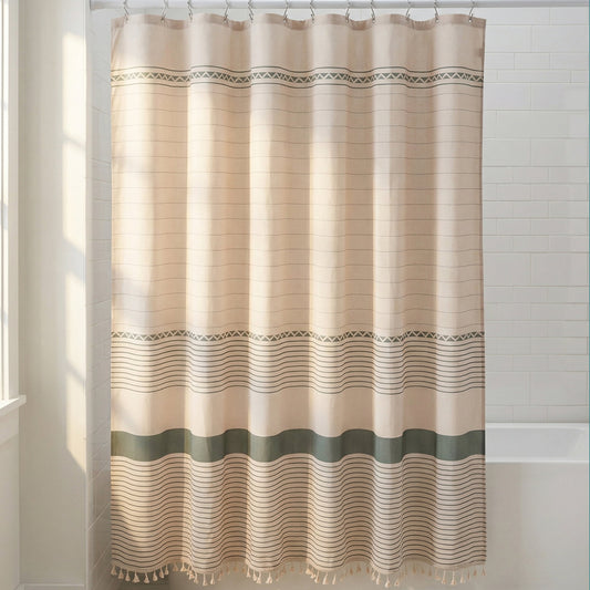 Unique Bargains Boho Striped Set with Tassels and 12 Hooks Green 71"W x 71"L