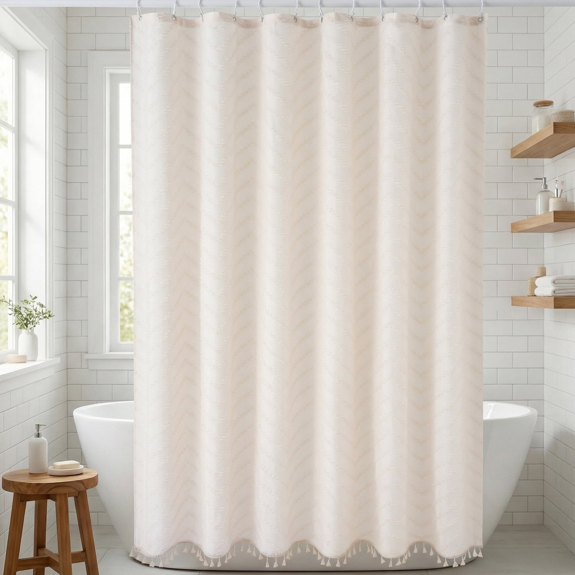 Unique Bargains Boho Wavy Striped Shower Curtain with Tassel and Hooks Beige 72"W x 72"L