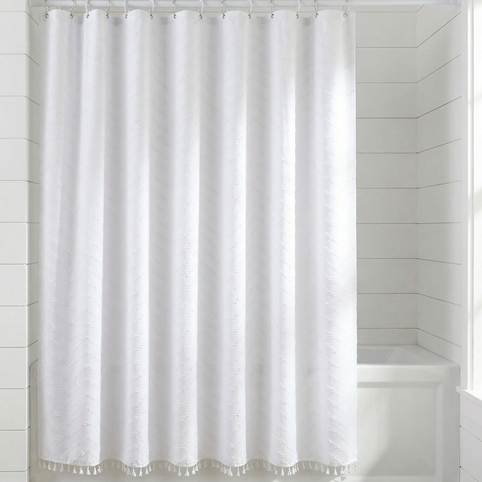Unique Bargains Boho Wavy Striped Shower Curtain with Tassel and Hooks White 72"W x 72"L