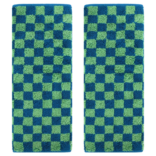 Unique Bargains Checkered Cotton Hand Towels for Bathroom Kitchen Blue Green 2-Piece