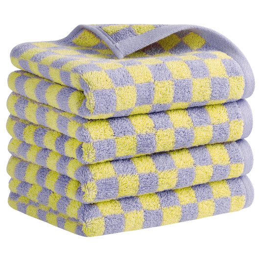 Unique Bargains Checkered Cotton Hand Towels for Bathroom Kitchen Yellow Purple 4-Piece