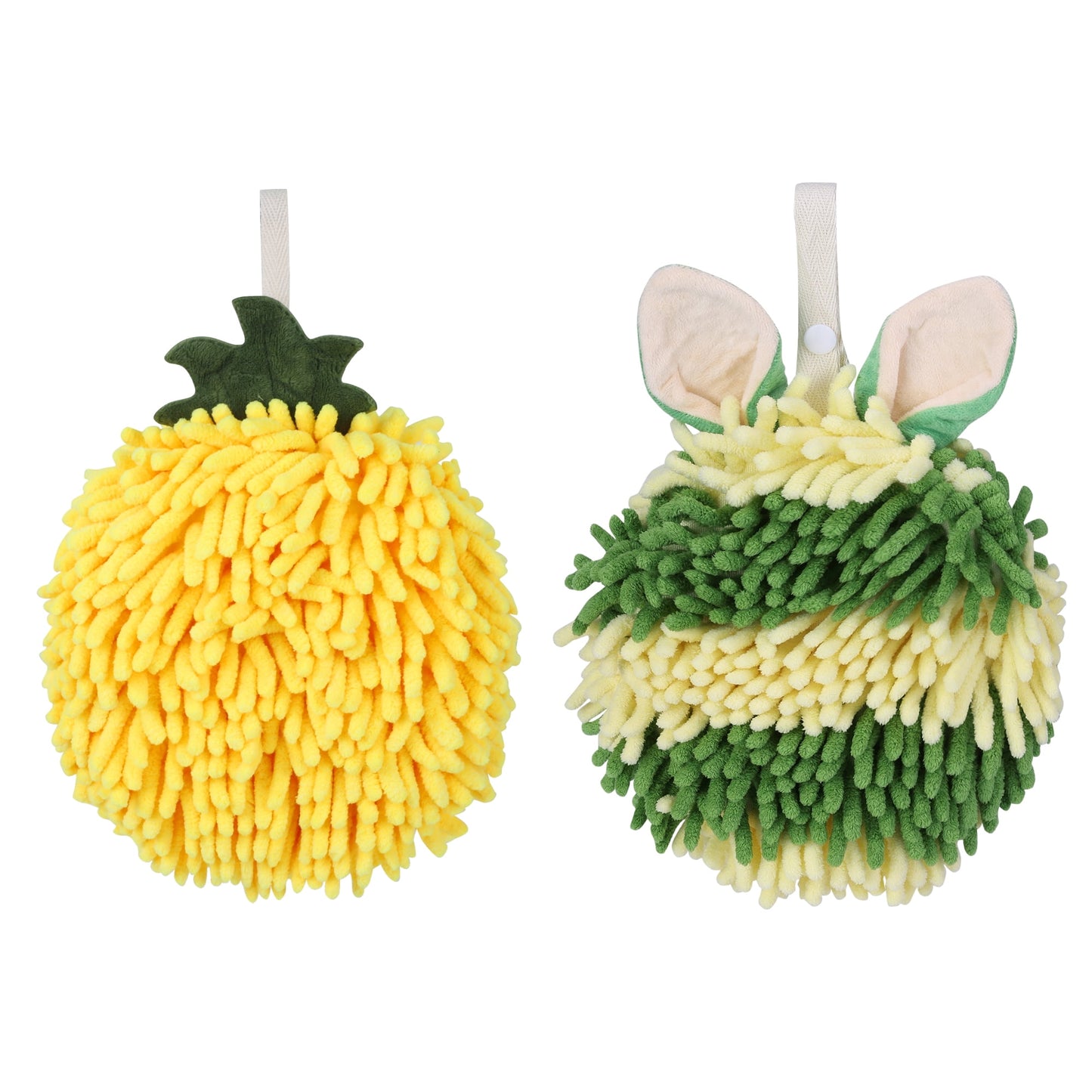 Unique Bargains Chenille Ball Fuzzy Hand Towel 2 Pcs Yellow/Green 6" x 6"/7" x 7"