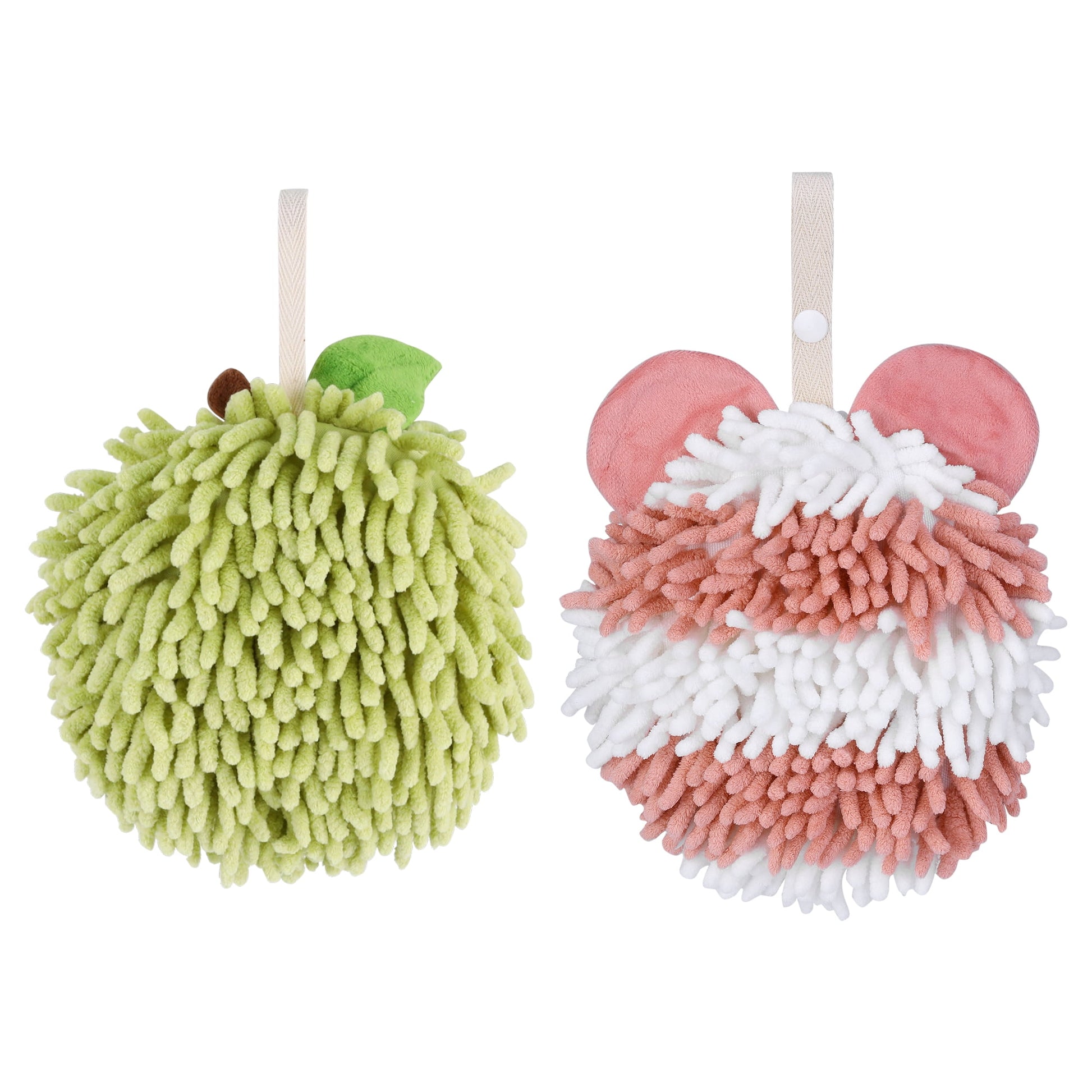 Unique Bargains Chenille Ball Hand Towel 2 Pcs Green/Pink 6" x 6"/7" x 7"