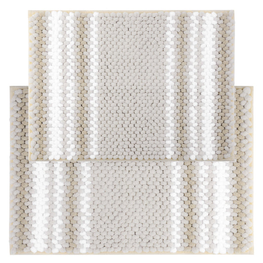 Unique Bargains Chenille Bathroom Rug Set of 2 Soft Fluffy Striped Bath Mat Bone 17"x24"