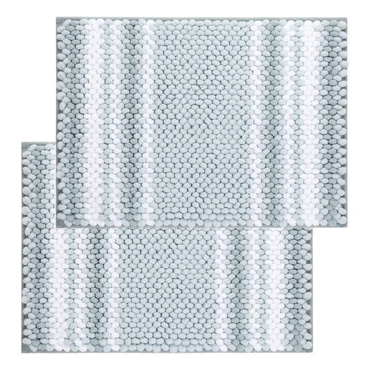 Unique Bargains Chenille Bathroom Rug Set of 2 Soft Fluffy Striped Bath Mat Light Cyan 17"x24"