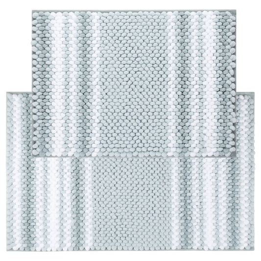 Unique Bargains Chenille Bathroom Rug Set of 2 Soft Fluffy Striped Bath Mat Light Cyan 17x24" & 20x32"