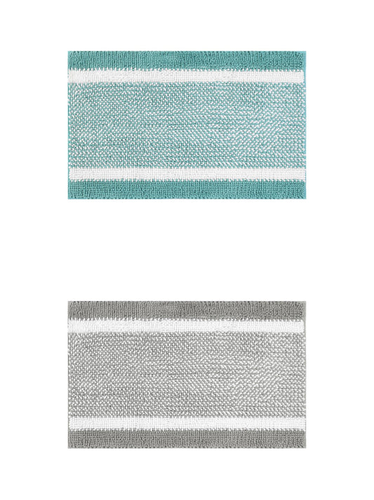 Unique Bargains Chenille Striped Bath Mats 2 Pcs Non-Slip Soft Plush Shaggy Bathroom Rugs  Green/Grey 16" x 24"
