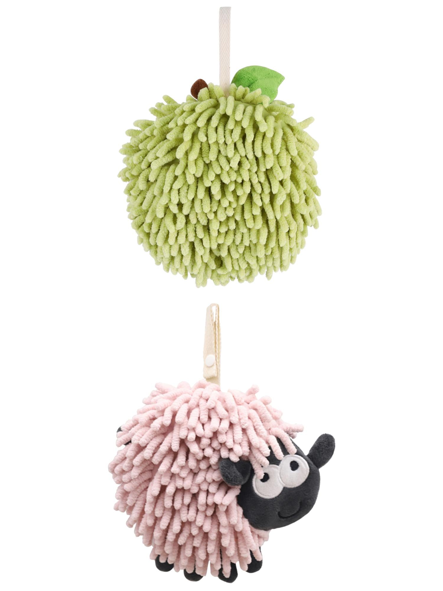 Unique Bargains Cute Chenille Ball Hand Towel 2 Pcs Green/Pink 6" x 6"/7" x 7"