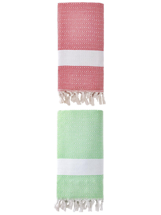 Unique Bargains Geometric Sandproof Turkish Towel 2 Pack Green/Crimson 71"x40"