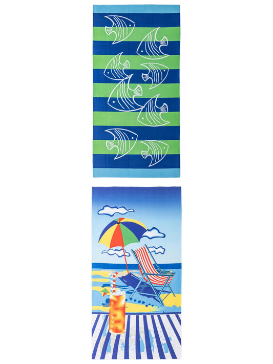 Unique Bargains Soft Absorbent Beach Towel 2 Pack Blue Green/Multi-Color 71"x35"