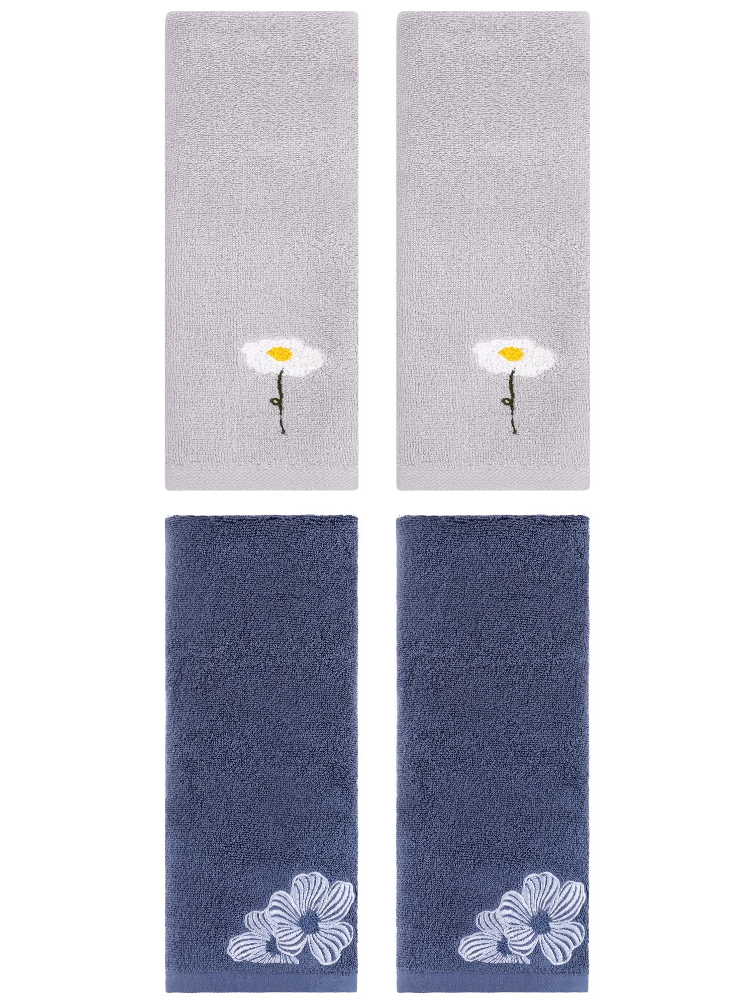 Unique Bargains Soft Floral Pattern Hand Towel Grey/Navy Blue 13" x 30"/14" x 31"