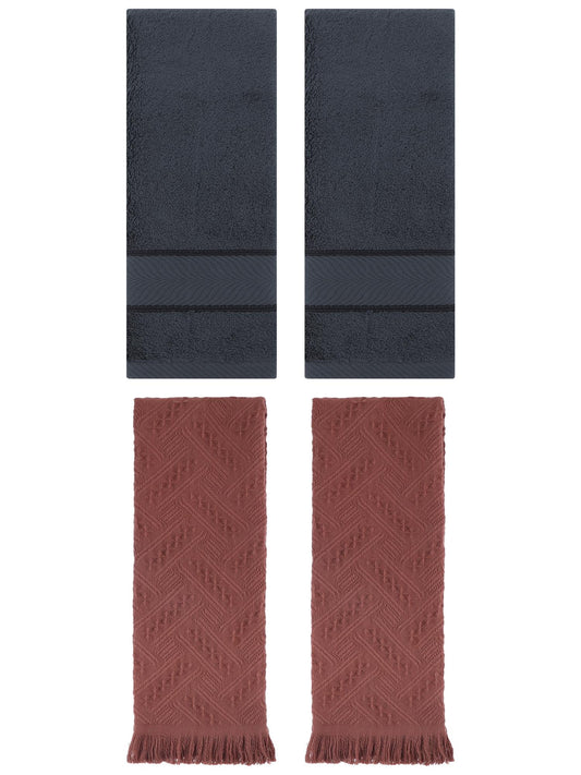 Unique Bargains Sold Striped Cotton Hand Towels 4 Pcs Dark Grey/Brown 14" x 30"/13" x 29"