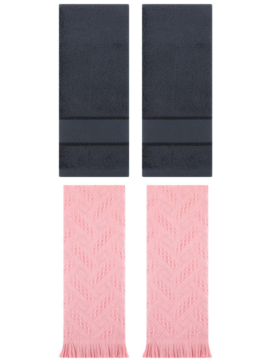 Unique Bargains Sold Striped Cotton Hand Towels 4 Pcs Dark Grey/Pink 14" x 30"/13" x 29"